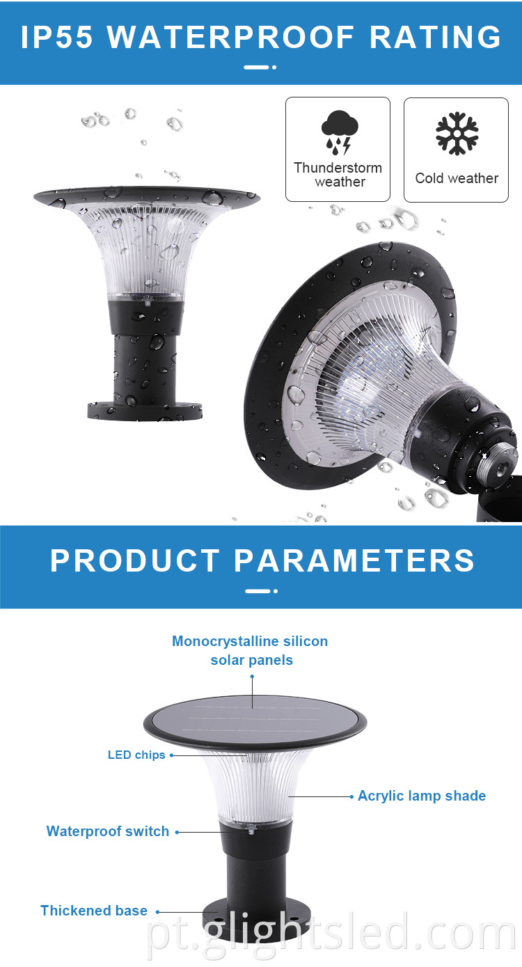 Novo design de controle remoto branco quente à prova d 'água para exterior ip55 luz solar pilar